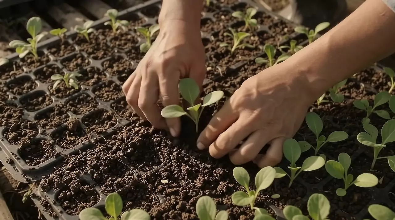 Hands planting a seedling in a BISIGCO nursery tray